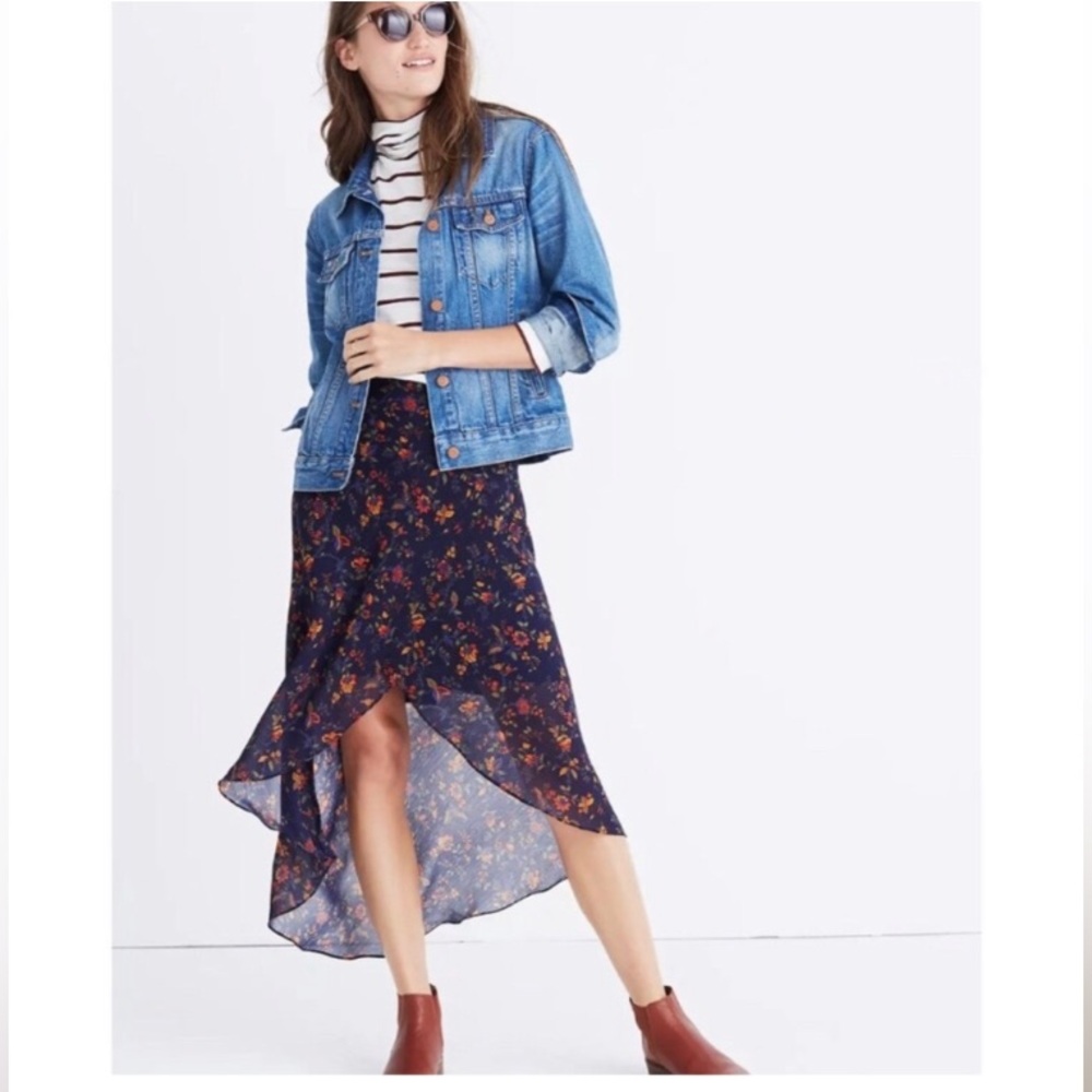 Madewell Blue Floral Asymmetrical Midi Skirt (size 10)